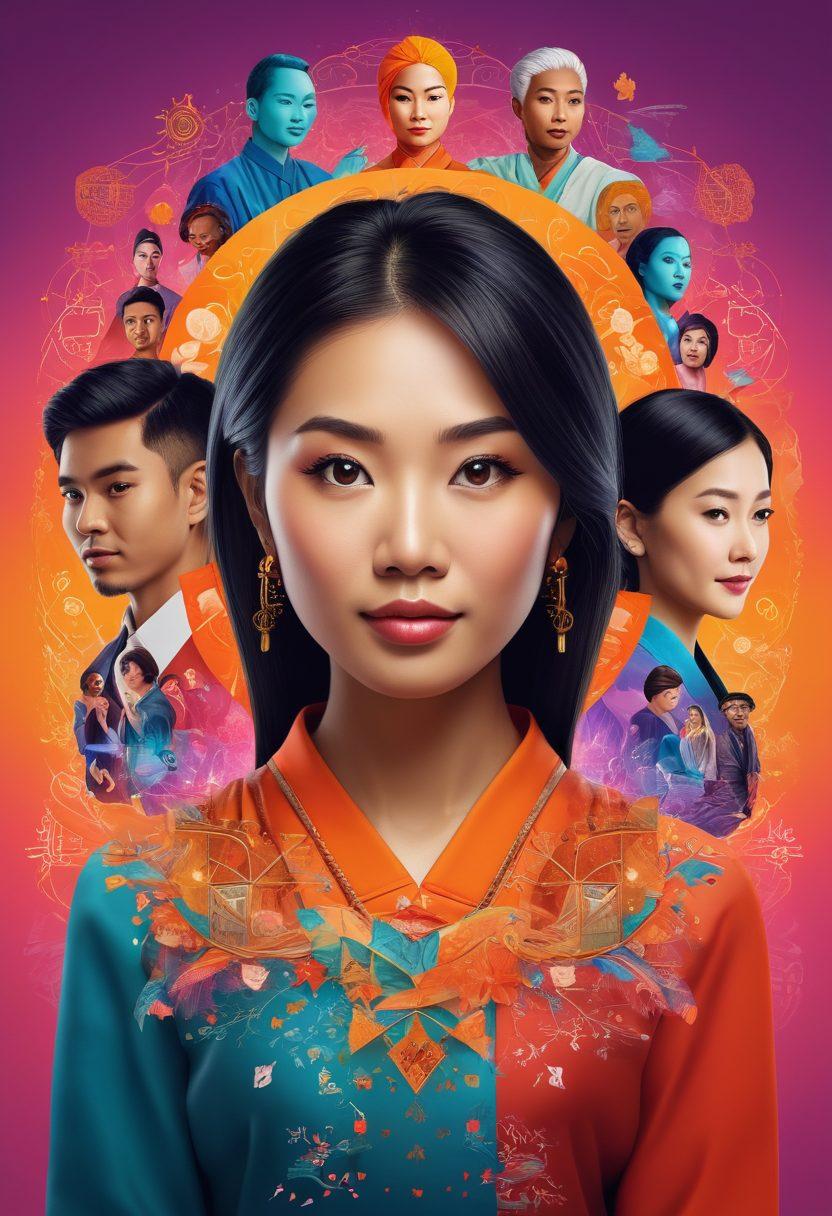 A vibrant digital collage showcasing diverse Asian mentors engaged in storytelling, surrounded by symbols of online platforms like social media icons and video call screens. The mentors should represent various fields and traditions, sharing wisdom with a wider audience. Incorporate elements of community support, such as hands coming together, and a backdrop of connected digital networks. The color palette should be warm and inviting, symbolizing empowerment and connection. 3D. vibrant colors.