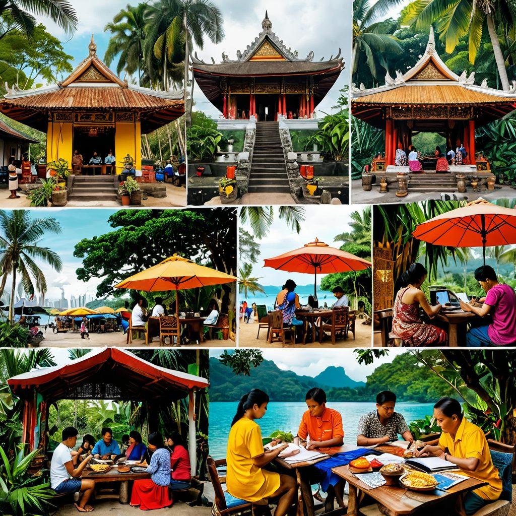 A vibrant collage representing the essence of Southeast Asian culture, featuring traditional textiles, colorful street food, and community gatherings. In the center, a diverse group of people writing in digital journals, sharing stories with one another against a backdrop of lush tropical landscapes and historical architecture. The image conveys a sense of unity and celebration of heritage while incorporating elements like digital devices to highlight the storytelling aspect. bright colors, super-realistic, dynamic composition.