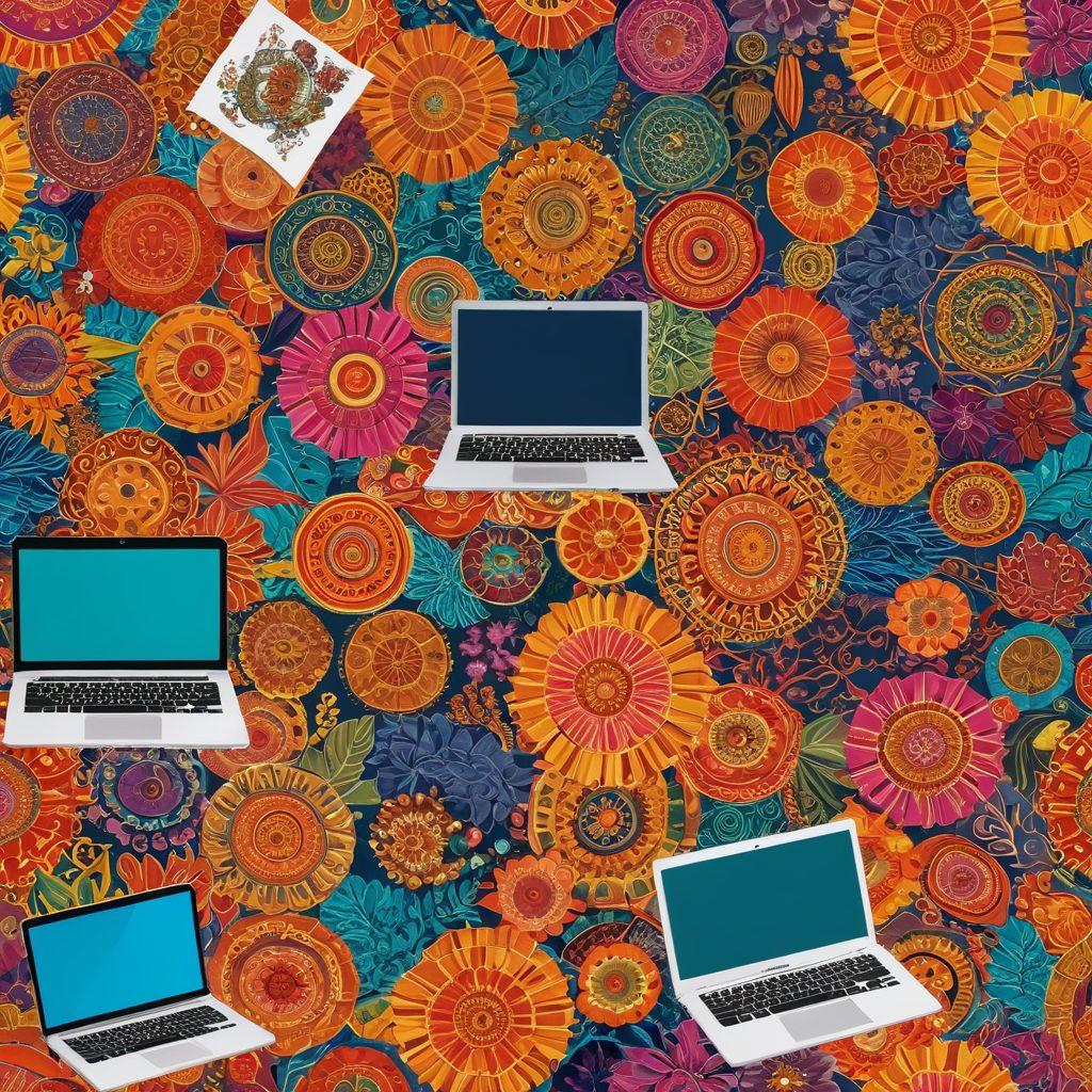 A vibrant collage showcasing the rich tapestry of Southeast Asian arts and traditions, featuring a variety of colorful cultural symbols, traditional costumes, and diverse artistic expressions. Include representations of digital technology like laptops and smartphones to symbolize blogging communities fostering connections. The background should reflect a culturally rich landscape, blending urban and rural elements. Use a radiant color palette to evoke a sense of celebration and unity. super-realistic. vibrant colors. 3D.